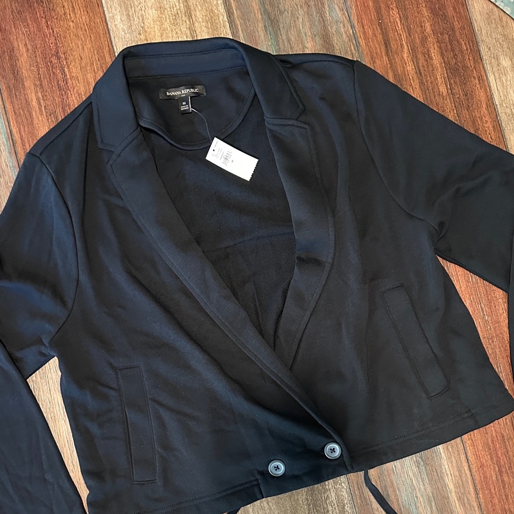 Banana Republic Black Knit Blazer Jacket Women’s‎ Medium NWT Cotton Blend Crop - Picture 4 of 7